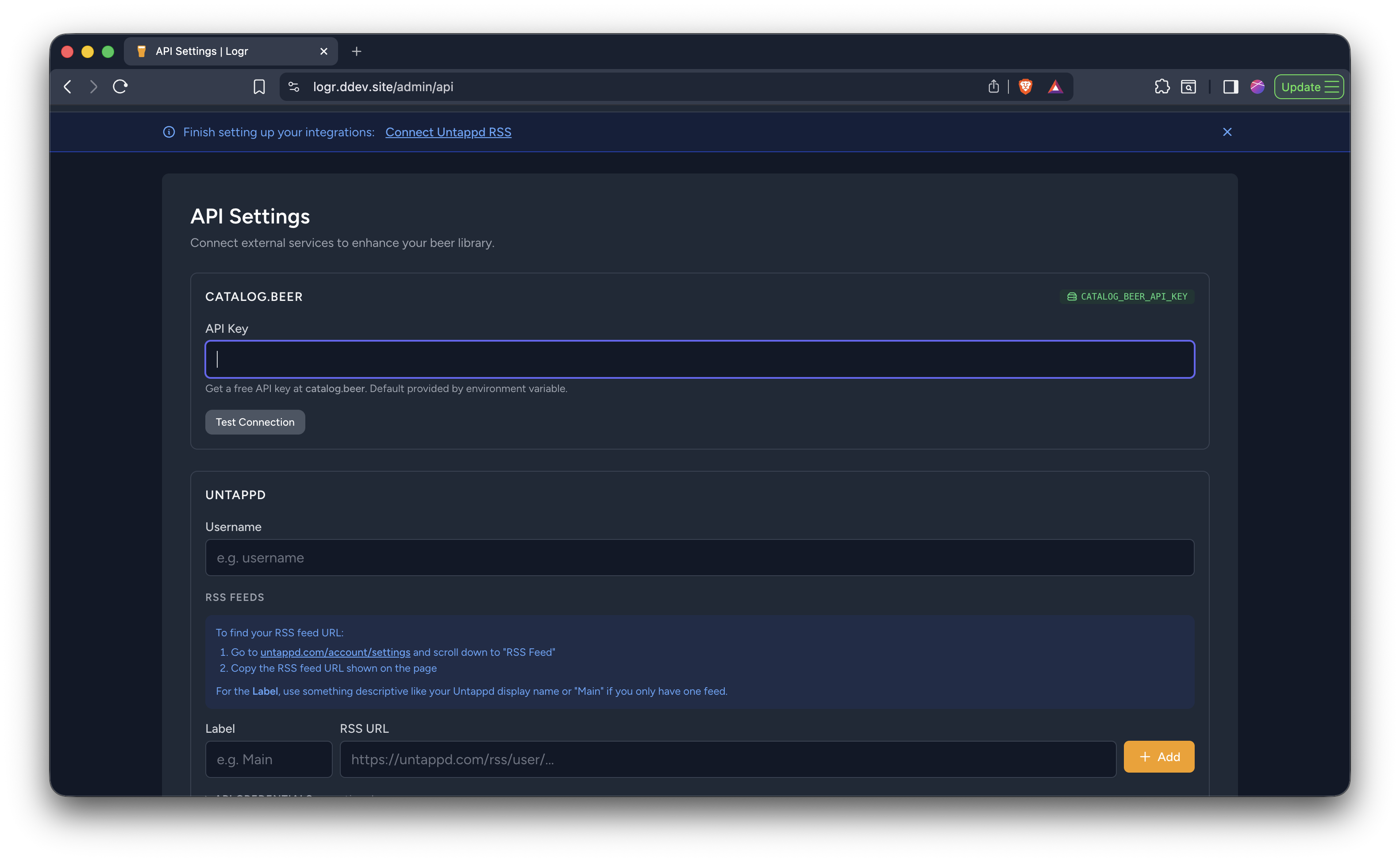 API settings page for connecting Catalog.beer and Untappd