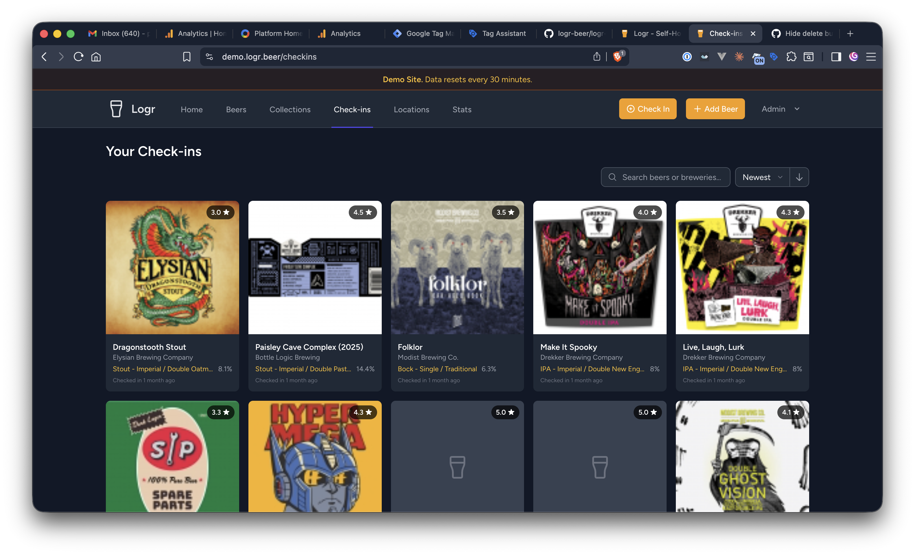 Check-ins page showing beer tasting history with ratings