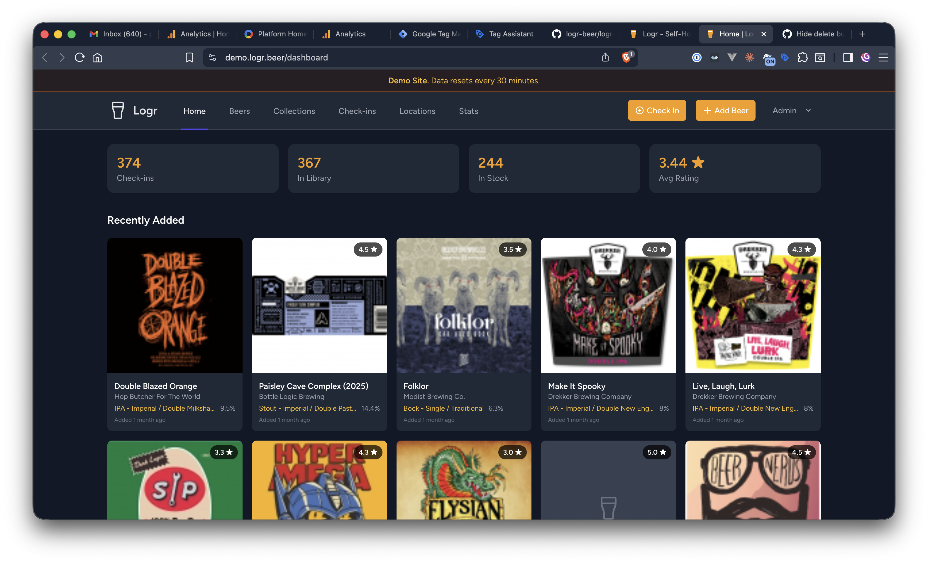 Logr Dashboard showing beer library stats and recently added beers