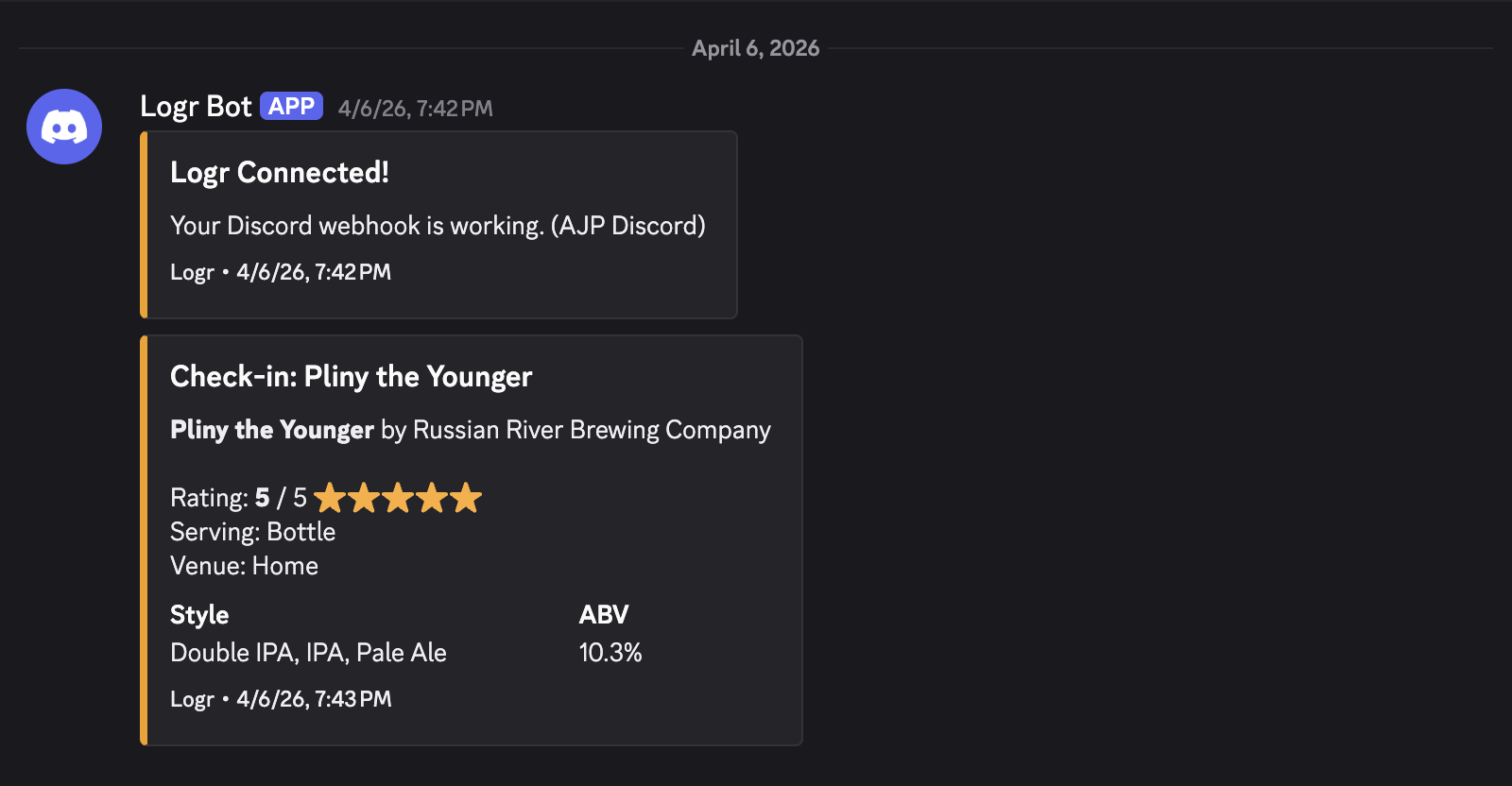 Discord integration showing check-in notifications via webhook