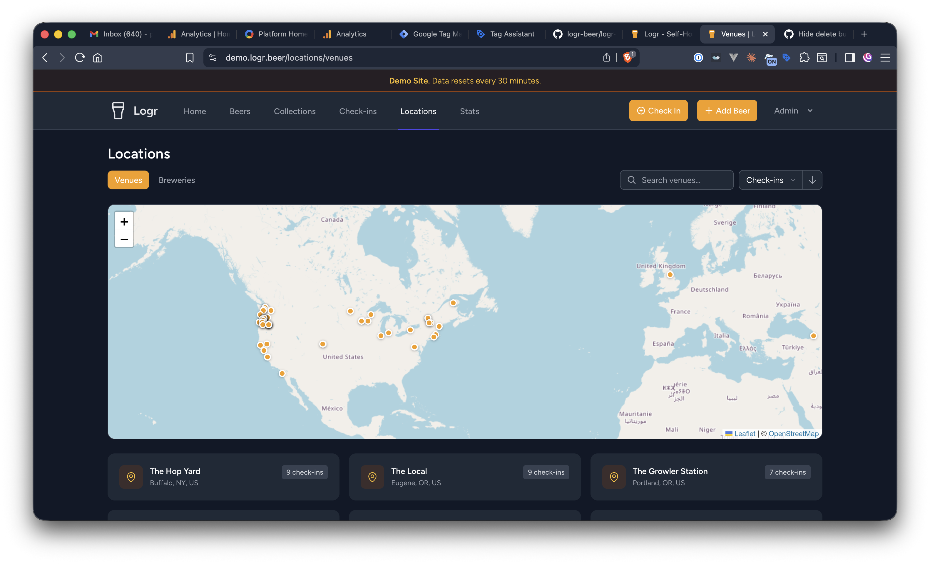 Locations page with interactive map of breweries and venues